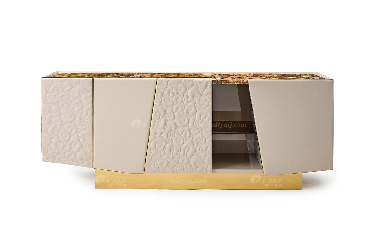 意式輕奢家具高端別墅會所豪宅家用時尚奢華木化石+鈦金餐邊柜