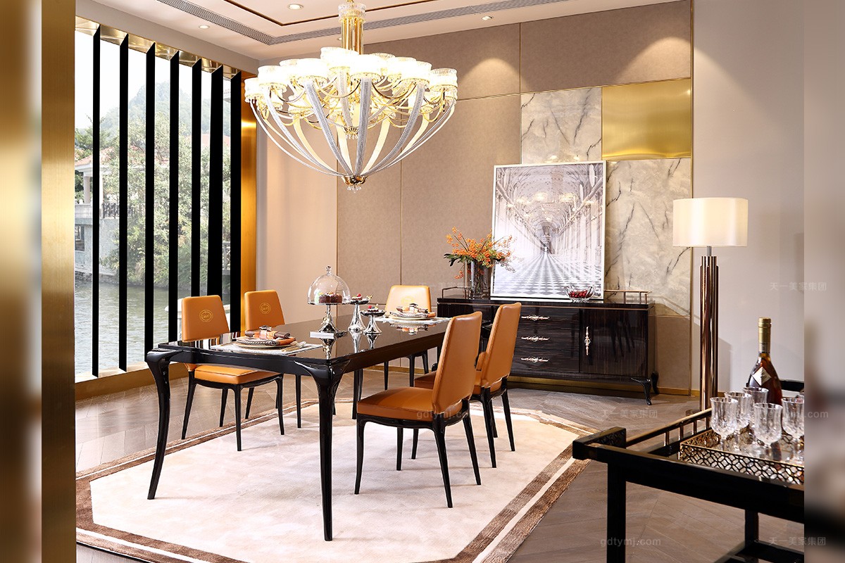 后現代輕奢家具實木餐桌愛馬仕橙真皮餐椅組合