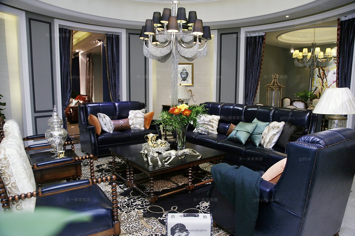 美式真皮紫色沙發組合